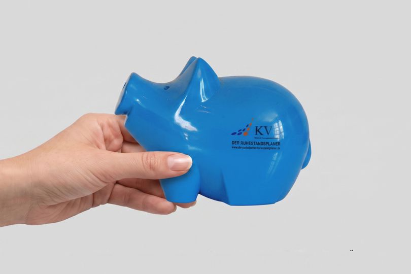 Werbeartikel "Sparschwein" mit aufgedruktem Logo für die KVB GmbH - Vermögensberatung